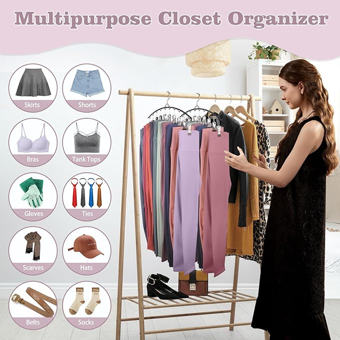 Legging Organizer for Closet 360° Swivel, Metal Yoga Pants Hanger 2 Pack w/10 Clips Holds 20 Leggings, Space Saving Hanger Closet Organizers and Storage, Pants Hangers for Pants, Skirts, Hats (Black)
