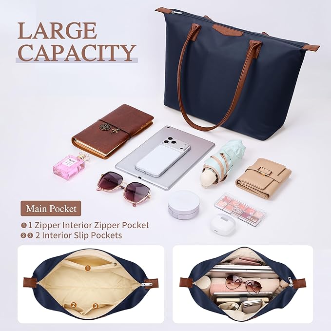 Tote Bag for Women, Nylon Top-Handle Purse with Zipper, Lightweight Foldable Shoulder Hobo Handbag