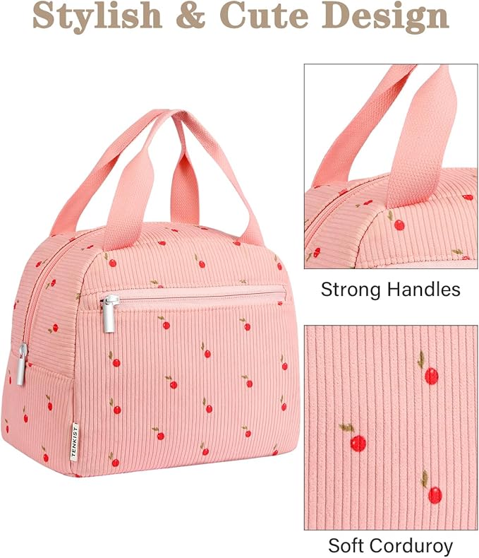 Cute Lunch Box Tote Bag - CoolerCorduroy Insulated Bags for Women - Lightweight Reusable Portable Soft Lunch Pail Kit for Kids Teen Girl Adults Work School Picnic Travel Pink 8L