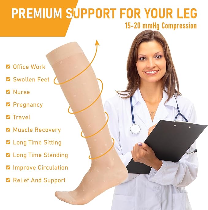2 Pairs Sheer Compression Socks for Women - 15-20 mmHg Knee High Sheer Compression Stockings for Support Circulation Swelling Edema Work Office Travel, Dot, Large
