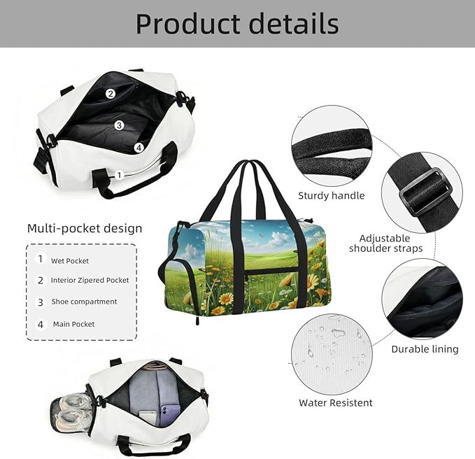 Sunny Meadow Print Gym Bag with Shoe Compartment for Women Men, 17.7in Sports Duffle Weekender Tote, Overnight Travel Duffel Bag Carry On