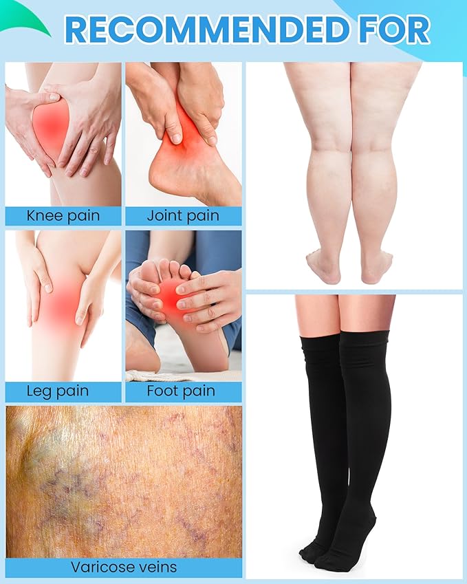 6 Pcs Large Size Thigh Compression Socks for Women Men 20-30 Mmhg Circulation Wide Calf Knee Support Stocking for Nurse, Running, Travel