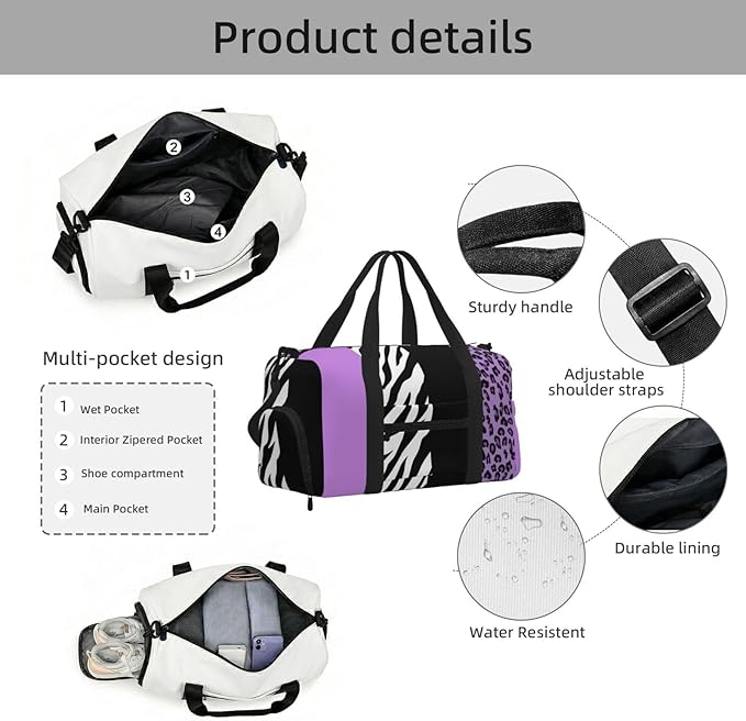 Leopard Print, Zebra Print, Animal Print, Purple Women'S Gym Duffle Bag With Shoes Compartment, Ideal For Travel, Gym, Sports, Duffel, Weekender