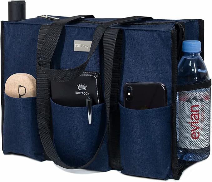 TOPDesign Utility Water Resistant Tote Bag with 13 Pockets, Top Zipper Closure & Thick Bottom Support, for Working Women