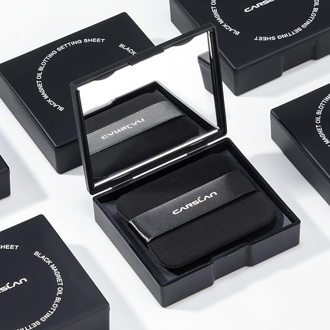 CARSLAN Makeup Blotting Paper with Powder, Black Magnet Blotting Sheet for Oily & Combination Skin, Portable Compact with Puff & Mirror, Keeps Makeup Fresh All Day, 150 Sheets + 8 Refill Adhesive Pads