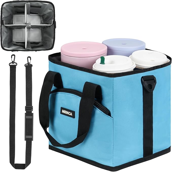 Reusable Drink Carrier with Handle – Insulated, Collapsible 4-Cup Beverage Bag with No-Spill Base, Adjustable Dividers & Shoulder Strap, Portable Caddy for Delivery, Car and Travel, Blue