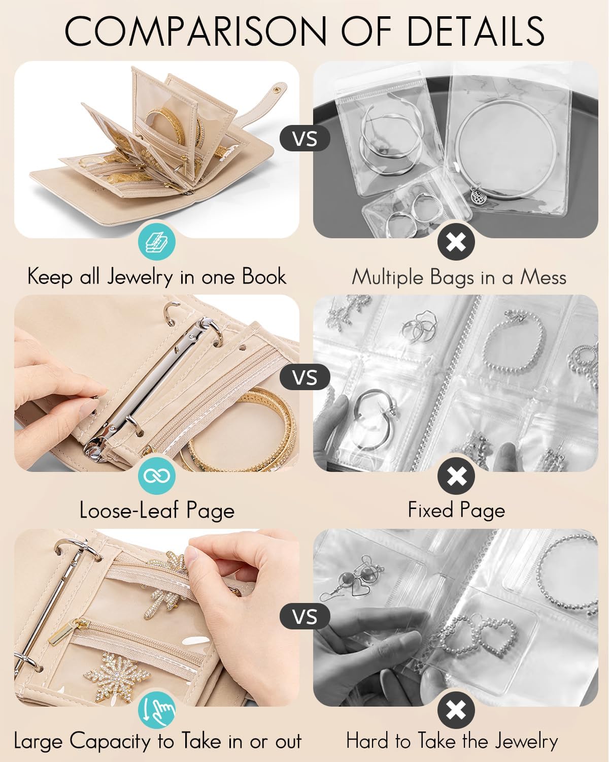 Vlando Travel Jewelry Organizer Case,Mothers Day Gifts for Her,Portable Jewelry Organizers Storage Book with Clear Zipper Velvet Jewelry Pouch Bag for Travel Essentials,Ring,Earring-Cream White