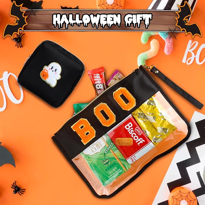 2 Pcs Halloween Gifts Cosmetic Makeup Bags with Boo Chenille Letter Patch, Clear Pouch PVC Organizer Purse, Waterproof Travel Bag, Portable Toiletry Storage Bag for Girls Friends Women