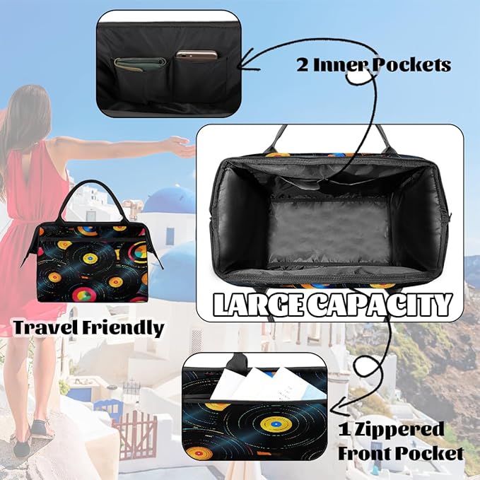 Overnight Weekender Bags for Women Men, Retro Cds Vintage Musical Waterproof Travel Carry On Duffel Bag, Lightweight Sports Gym Bag for Fitness, Workout, Travel