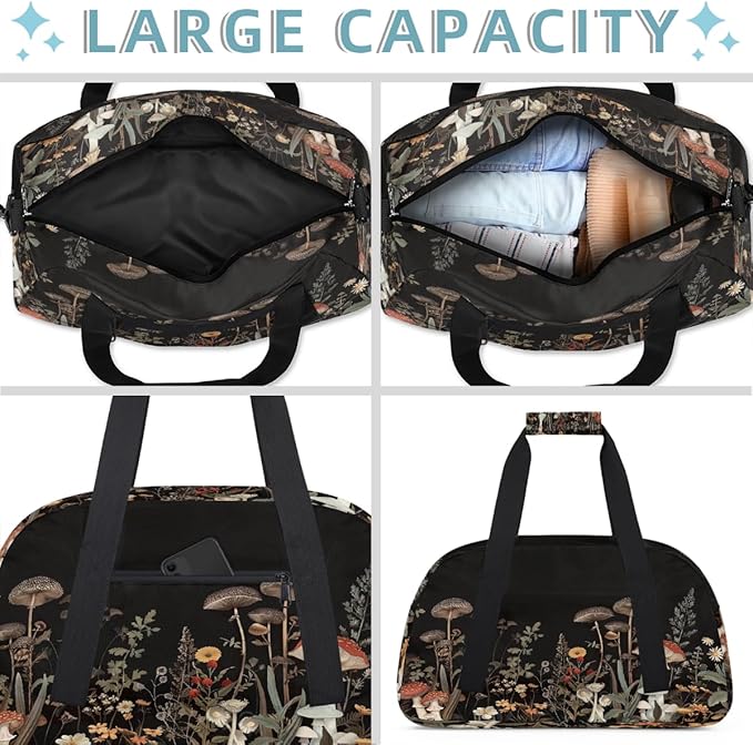Duffle Bag for Women Men, Dark Forest Mushroom Floral Art Gym Bag for Travel Sports, Lightweight Waterproof Weekender Overnight Bags with Adjustable Strap