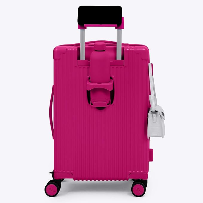 Nobl Travel Carry On Expandable Luggage, Noble Aluminum Frame PC Hard Shell Suitcase, 22.5”x14.2”x9.8” Airline Approved, 360° Spinner Wheels, TSA Locks, USB Charging, Cup & Phone Holder - Hot Pink