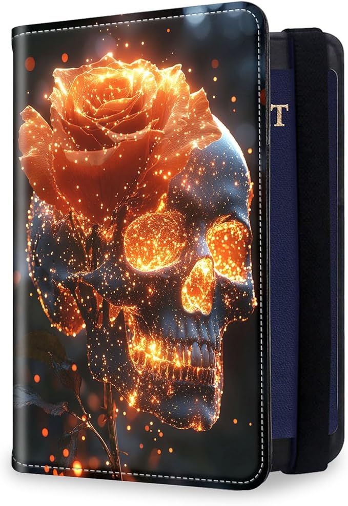 Passport Holder for Travel, RFID Blocking Passport Holder Travel Walle, Passport and Vaccine Card Holder, Vacation Must Haves Travel Accessories for Men Women, Flame Rose Skull