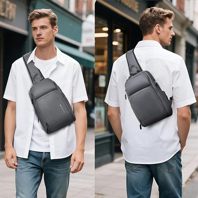 Men's Sling Bag, Convertible Anti Theft Sling Backpack, 11" One Shoulder Crossbody Backpack with USB Charging Port for Working Travel Daily, Dark Grey