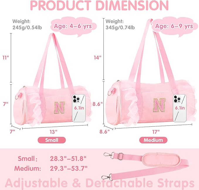 Personalized Initial Dance Bag for Girls 6-9, Medium Lace Gym Sport Yoga Cheer Dance Bags Gift for Teen Girls, Cute Letter Kids Ballet Bag Toddler Travel Duffel Tote with Adjustable Straps(Pink-N)