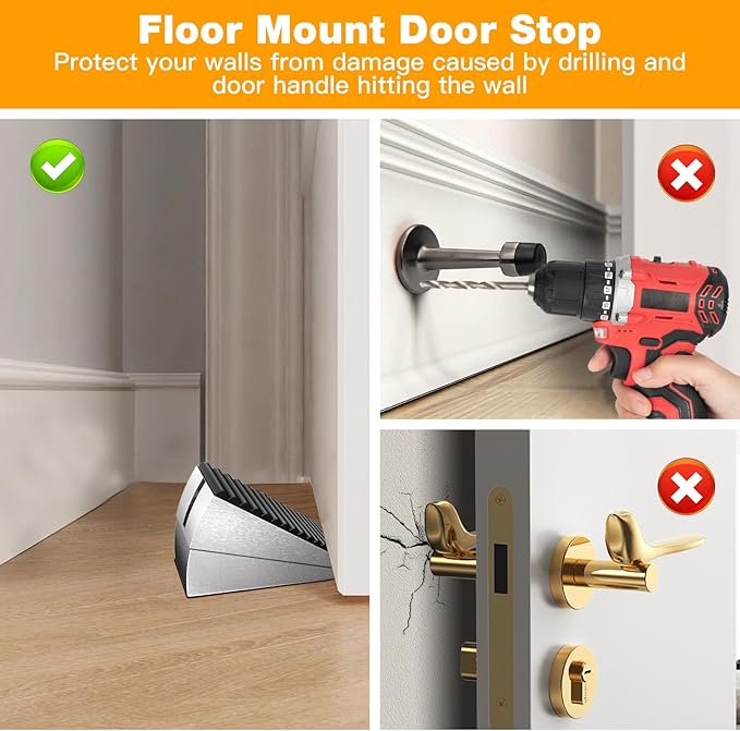 2 Pack Heavy Duty Metal Door Stop, Strongest Large Adjustable Spring Door Stopper Up to 3 inch Tall, Door Stoppers for Bottom of Door, Silver Rubber Door Wedge for Any Heavy Doors