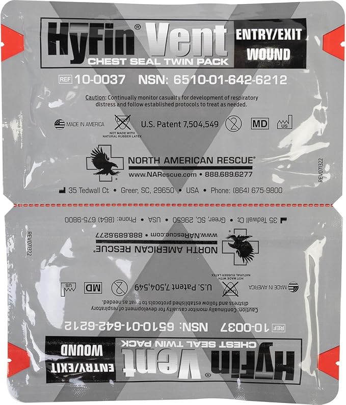 North American Rescue HyFin Vent Chest Seal (Twin Pack) NAR Vented Wound Chest Seals for Trauma, Wounds (10-0037)