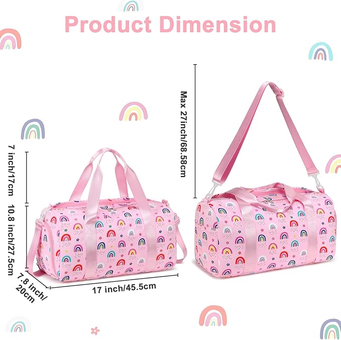 Gym Bag Sports Duffle Bag with Wet Pocket Weekender Overnight Bags with Waterproof Shoe Pouch and Air Hole for Girls Kids Women Workout Travel Bags (Rainbow)