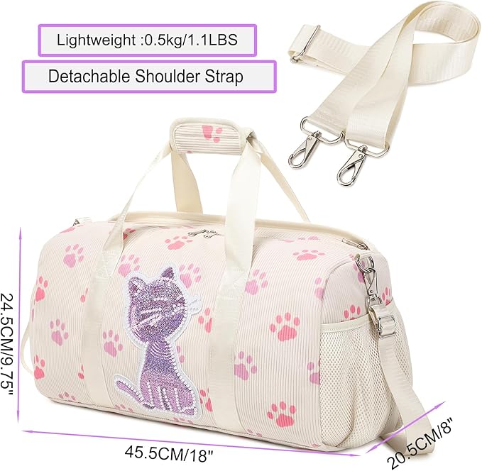 Dance Bag for Girls Sports Duffle Gym Ballet Weekender Overnight Bags with Separate Dry Wet Pocket and Shoes Compartment for Teen Girls Corduroy Sequined Cat（Cat Beige）