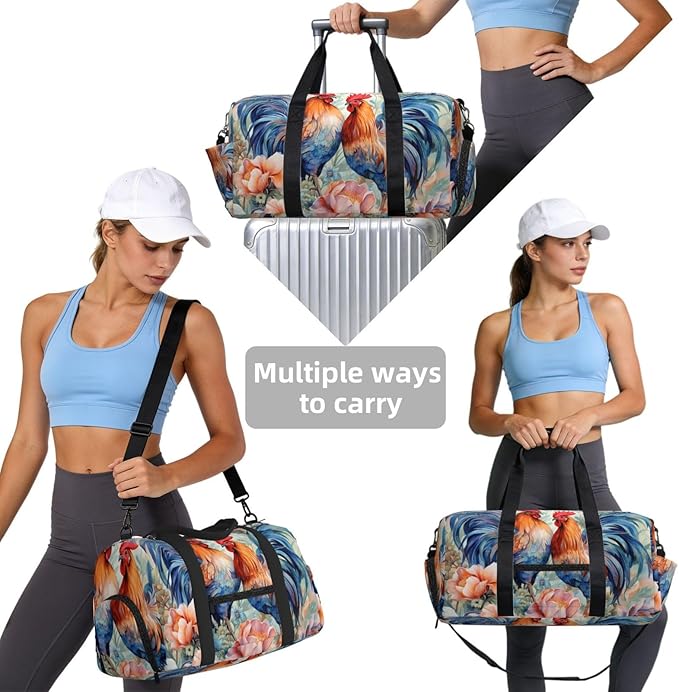 Sports Gym Bag Watercolor Floral Roosters Hen Flowers Travel Duffel Bag With Shoe Compartment Shoulder Strap, Lightweight Water-Resistant Weekend Overnight Totes For Women Men