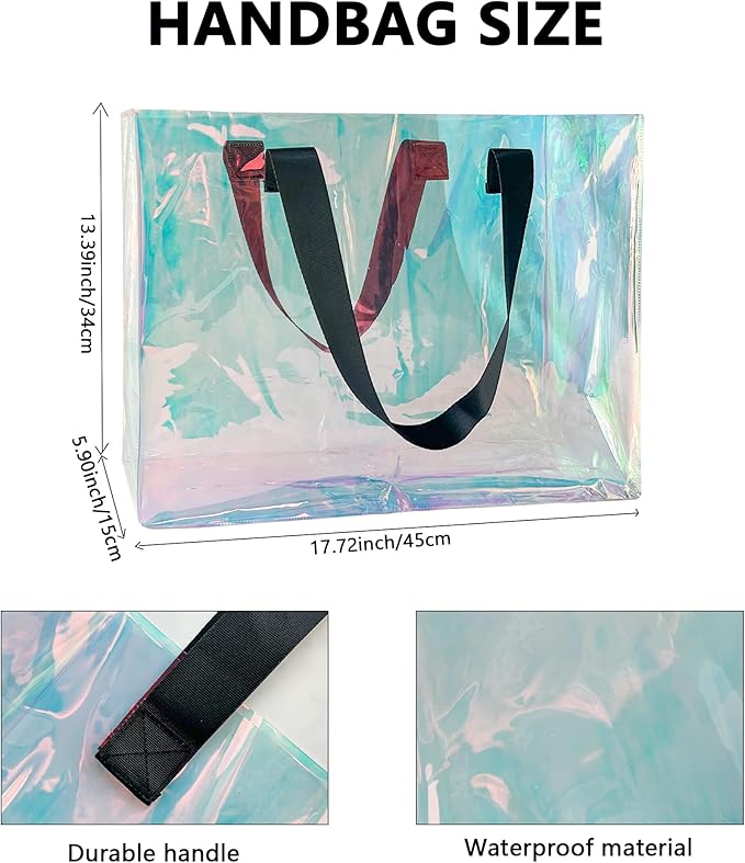 Holographic PVC Beach Bag Waterproof - 18×13×6inch Large Clear Tote for Women Men Pool Travel Sandproof Carry All