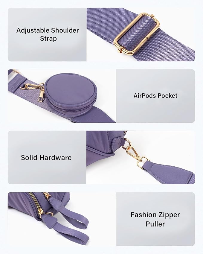 2 in 1 Nylon Crossbody Bags for Women Spacious Bum Bags for Women Crossbody Large Fanny Pack with Removable Wallets Purse Belt Pouch (Cloudy Purple)