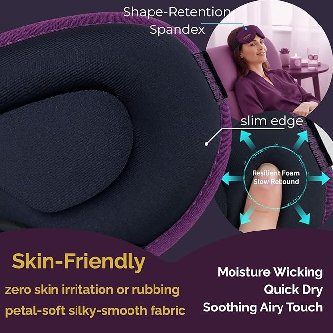 Meditation Eye Mask - 100% Blackout Sleep Masks for Women, Zero Eye Pressure - Nose Seal Eye Cover for Yoga Nidra, Naps & Travel, Adjustable Night Blindfold - Deep Lavender Purple
