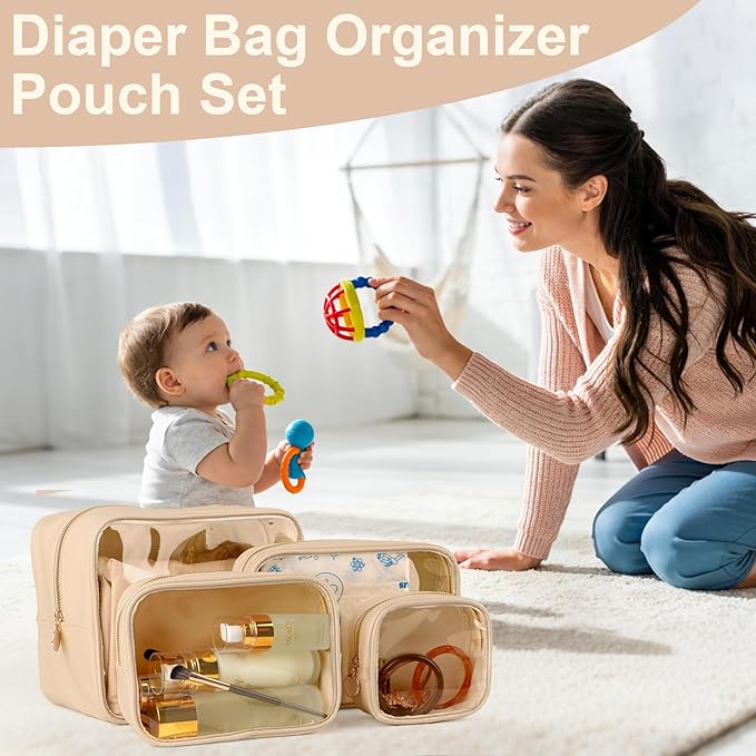 3PCS Clear Makeup Bag Set, Waterproof TPU Purse Organizer Pouches, TSA Approved Toiletry Bag, Diaper Bag Organizer Pouch, Travel Organizer Bags for Women and Kids