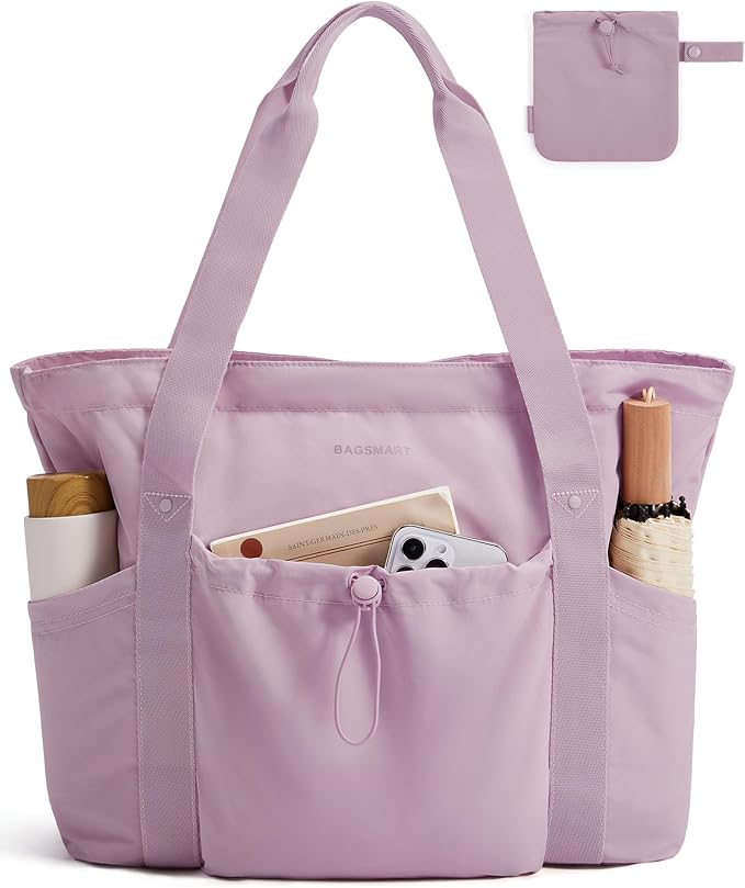 BAGSMART Foldable Tote Bag with Drawstring Bag, Large Tote Bag Shoulder Bag Top Handle Handbag for Travel, Work, Beach, Gym