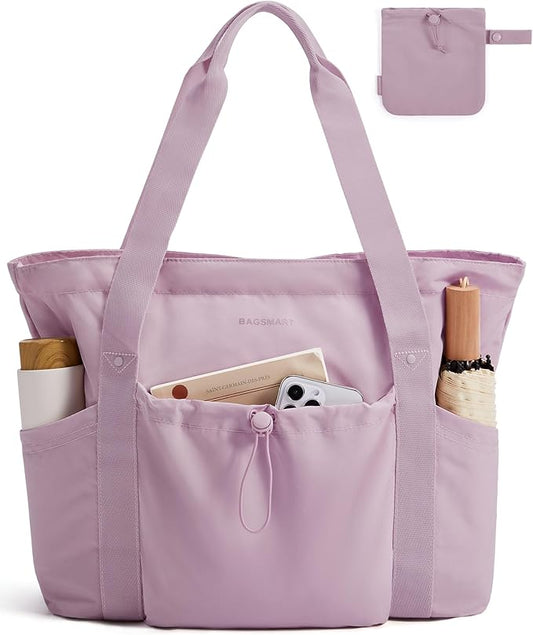 BAGSMART Foldable Tote Bag with Drawstring Bag, Large Tote Bag Shoulder Bag Top Handle Handbag for Travel, Work, Beach, Gym