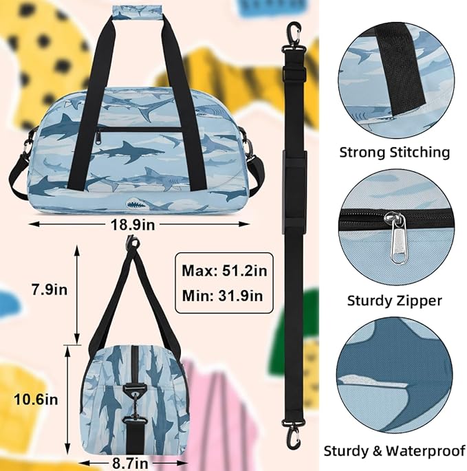 Navy Sharks Swimming Sports Duffel Bags, Water-Resistant Gym Duffle Bag for Men Women, Lightweight Weekender Overnight Bag for Fitness, Workout, Travel