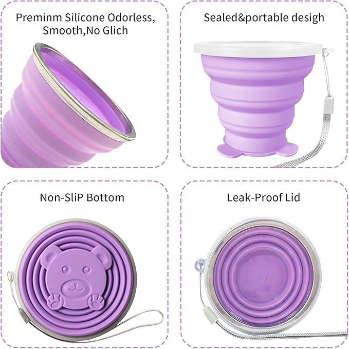 2 Pcs Collapsible Cups, Silicone Collapsible Travel Cup, Expandable Folding Camping DrinkingCup with Lids Reusable Small Portable Mugs-Cup for Travel, Camping, Hiking,Outdoor Sports (Purple&Blue)