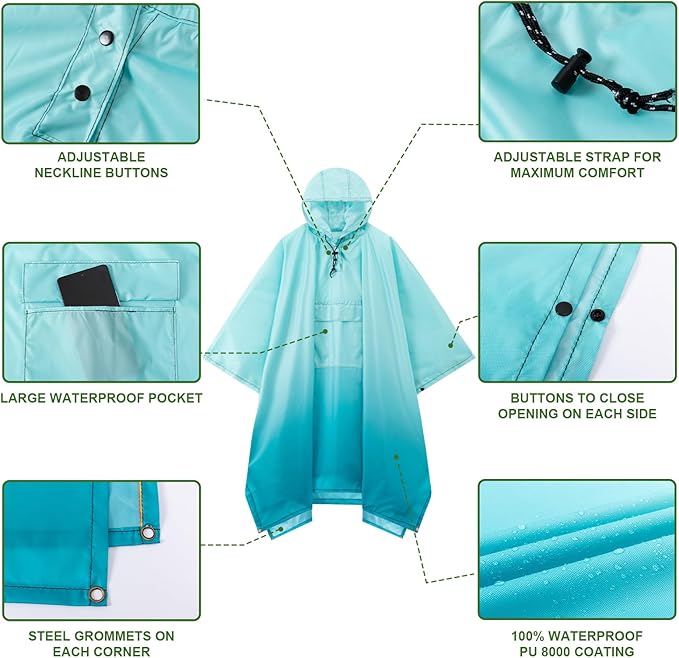 Hooded Rain Poncho for Adults - Waterproof Rain Coat and Lightweight Jacket 3-in-1 Multi-Function with Pockets