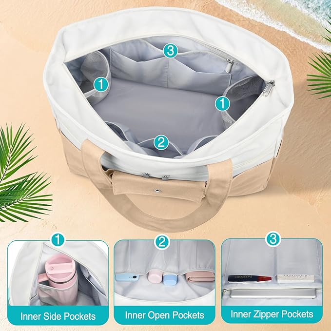 Beach Bags for Women Large Canvas Beach Tote with Zipper Wet Pocket, Waterproof Foldable Swim Pool Travel Tote Bags
