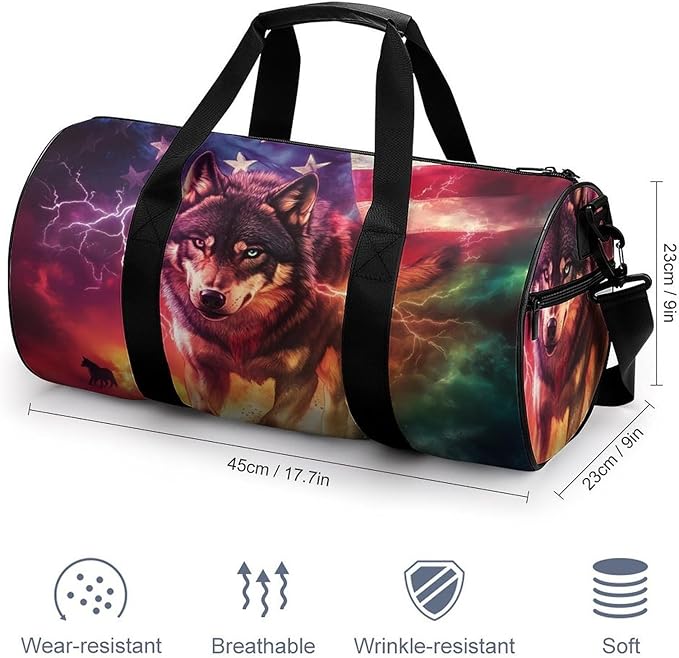Wolf U.S Flag Gym Bag Travel Duffel Bag Lightweight Carry On Bags Weekender Bags for Women Men