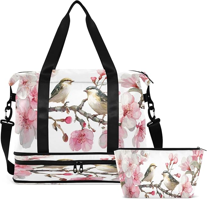 Travel Duffel Bags for Women Watercolor Birds on Pink Flower Branch Sports Duffel Bags Gym Bags with Shoes Compartment Tote Bag Weekender Bag for Travelling