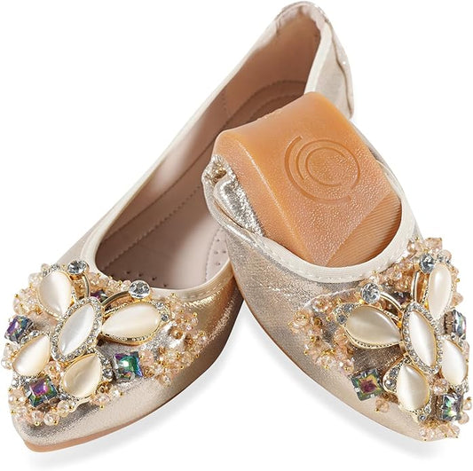 Women Ballet Flats Sparkly Rhinestone Wedding Ballerina Shoes Pointed Toe Foldable Comfort Slip on Flat Dress Shoes