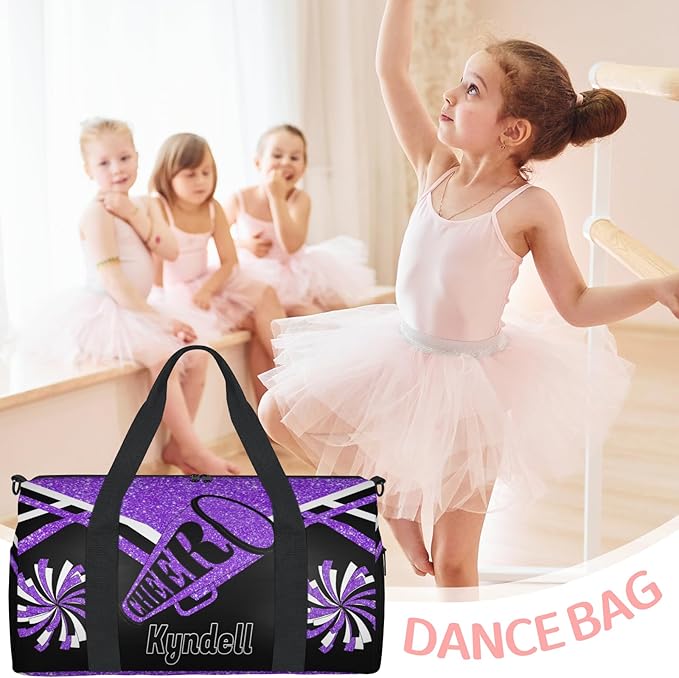 Custom Name Sports Cheer Duffel Bag for Teens, Personalized Gym Travel Weekender Tote Carry-On Bag, Purple Black Glitters Cheerleading