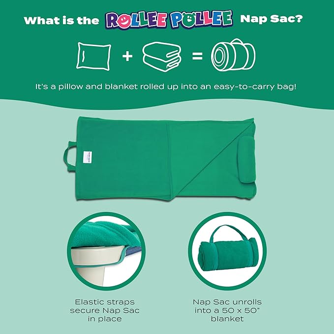 ROLLEE POLLEE Nap Sac Roll Up Napping Blanket with Attached Pillow for Preschool/Daycare, Super Soft with Elastic Straps, Fits Most Mats and Cots