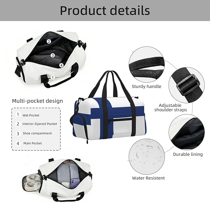 Finnish flag Print Gym Bag with Shoe Compartment for Women Men, 17.7in Sports Duffle Weekender Tote, Overnight Travel Duffel Bag Carry On