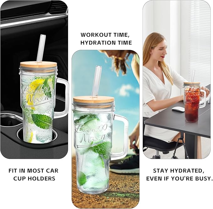 ANOTION Glass Cups with Lids and Straws - 24 oz Tumbler with Handle Christmas Coffee Cups Glass Straws Mason Jar Cups Drinking Set Kitchen Essentials Coffee Bar House Warming Gifts New Home
