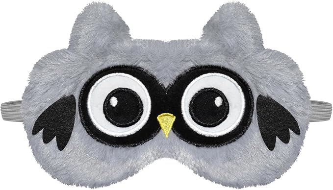 Cute Owl Plush Sleep Mask - Soft Fluffy Eye Cover Blindfold for Kids, Girls and Adults - Gray