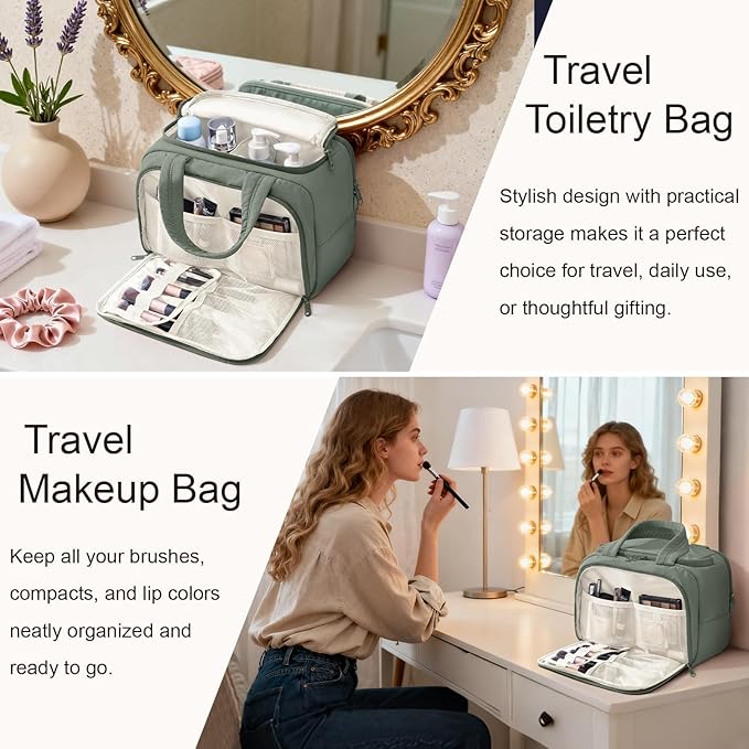 Travel Toiletry Bag for Women, Lightweight Large Quilted Puffy Makeup Bag Wide-open Make up Organizer Cloud Cosmetic Bag w/Handle for Traveling Toiletries Essentials Accessories Sage Green