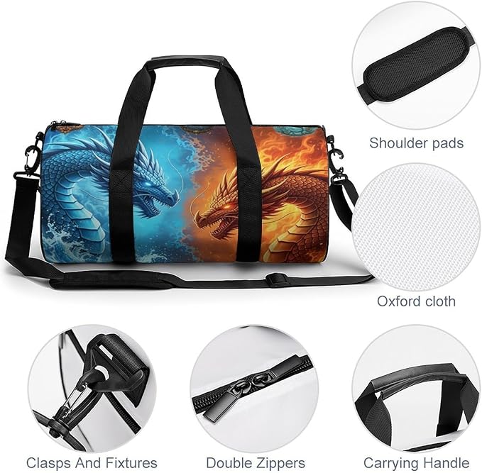 Basketball Football Weekender Bag Dance Sports Gymnastics Bag Lightweight Travel Sports Bags (Water Fire Dragon)
