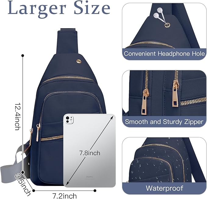 Small RFID Waterproof Travel Crossbody Sling Bags for Women Men, Hands Free Lightweight Sling Backpack Fanny Pack Cross Body Bag for Outdoors Hiking Traveling Fitness Commuting Dark Blue