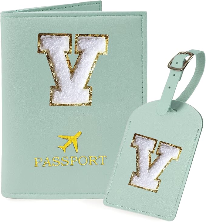 COSHAYSOO Green Passport Cover and Initial Luggage Tag Set TSA Approved with Preppy Chenille Letter Patch for Women Girl Friends, Trendy Travel Bag Backpack Suitcase Identifier Personalized Gifts (V)