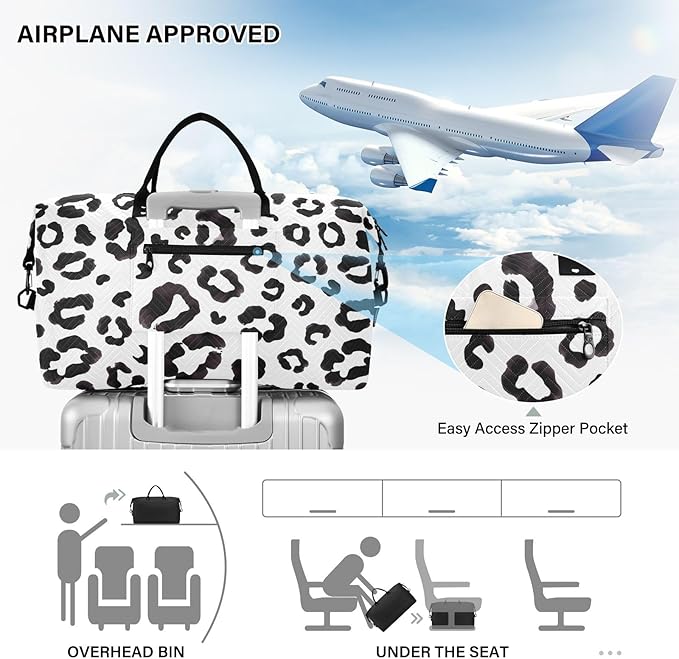 Travel Duffle Bag, Leopard Print Cheetah Black White Gym Bag with Storage Bag Weekender Overnight Bag for Men Women Trip Sports Yoga