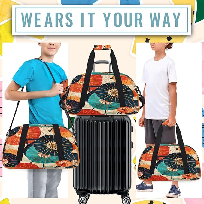 Duffle Bag for Women Men, Colorful Japanese Umbrella Print Gym Bag for Travel Sports, Lightweight Waterproof Weekender Overnight Bags with Adjustable Strap