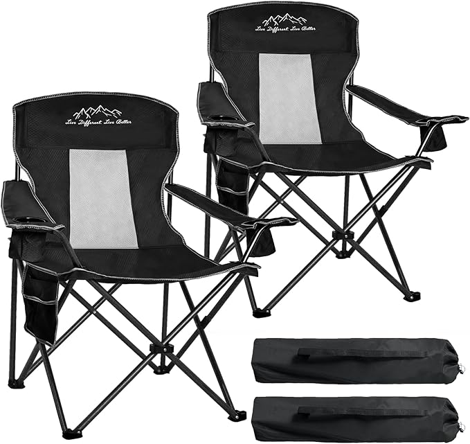2PCS Collapsible Folding Camping Chairs Heavy Duty Lawn Foldable Chair with Cooler Bag, Storage Pocket, Waterproof Bag Outdoor Arm Sport Chair, Supports 325LBS, Black