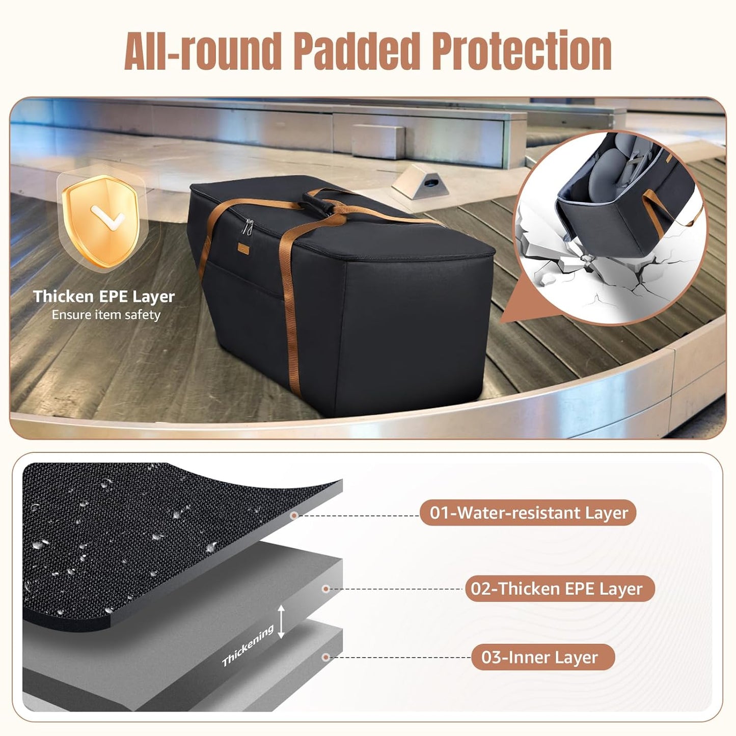 Infant Car Seat Travel Bag with Wheels Fits Chicco KeyFit 30,Nuna Pipa,UPPAbaby MESA, Padded Car Seat Bags for Airplane, Gate Check Bag with Side Pocket, Removable Cover for Air Travel, Black