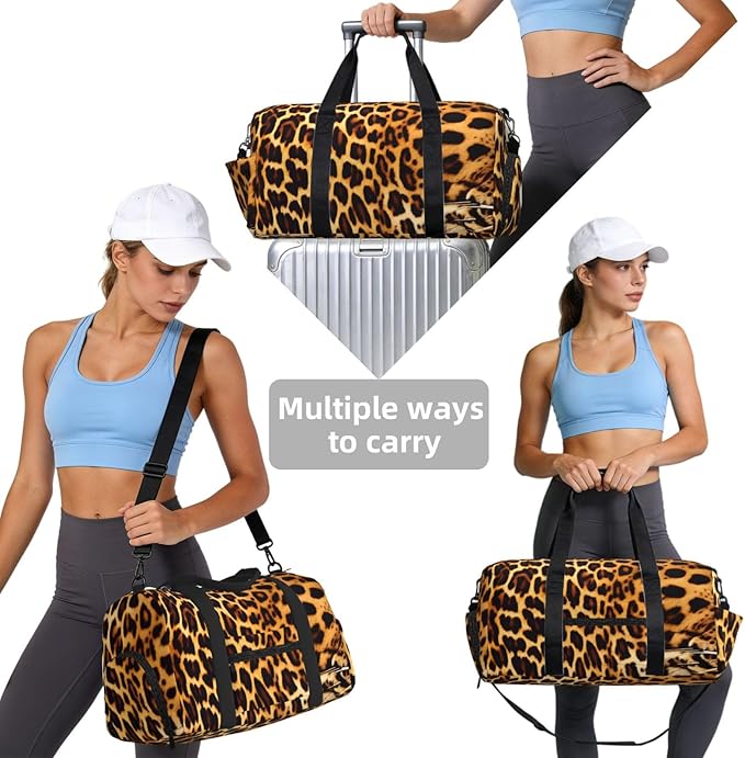 Stripes on leopards Print Gym Bag with Shoe Compartment for Women Men, 17.7in Sports Duffle Weekender Tote, Overnight Travel Duffel Bag Carry On